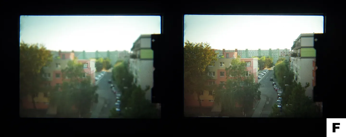 Zaostrovacia matnica s rozdvojeným obrazom v hľadáčiku Mamiya M645 1000s